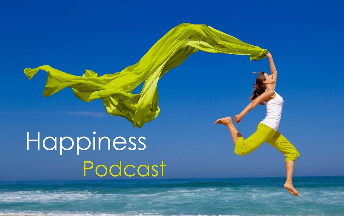 Happiness Podcast artwork: a woman leaping on a sunny beach with a green scarf